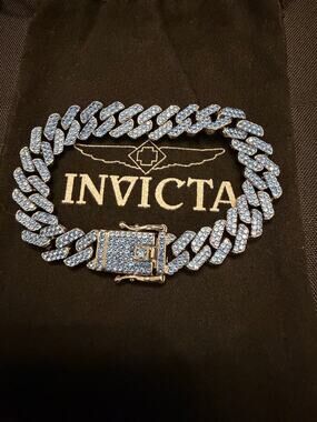 NWOT Authentic Invicta Elements Blue Iced Out Cuban Chain Bracelet 7.75” .5”w